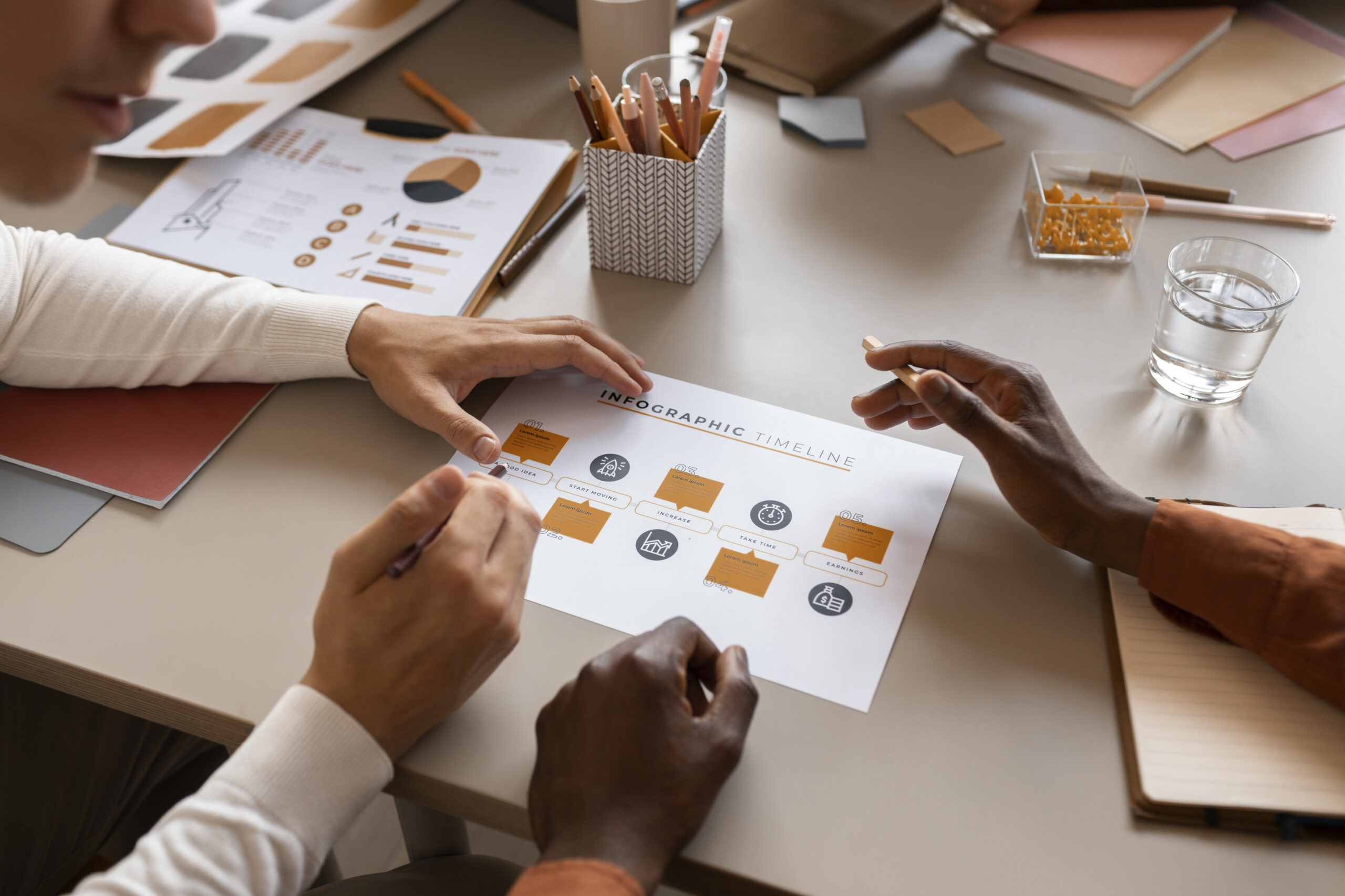 high angle people working office